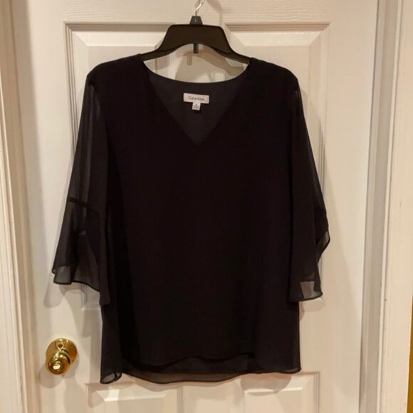 Calvin Klein black blouse with see thru sleeves - Picture 1 of 10